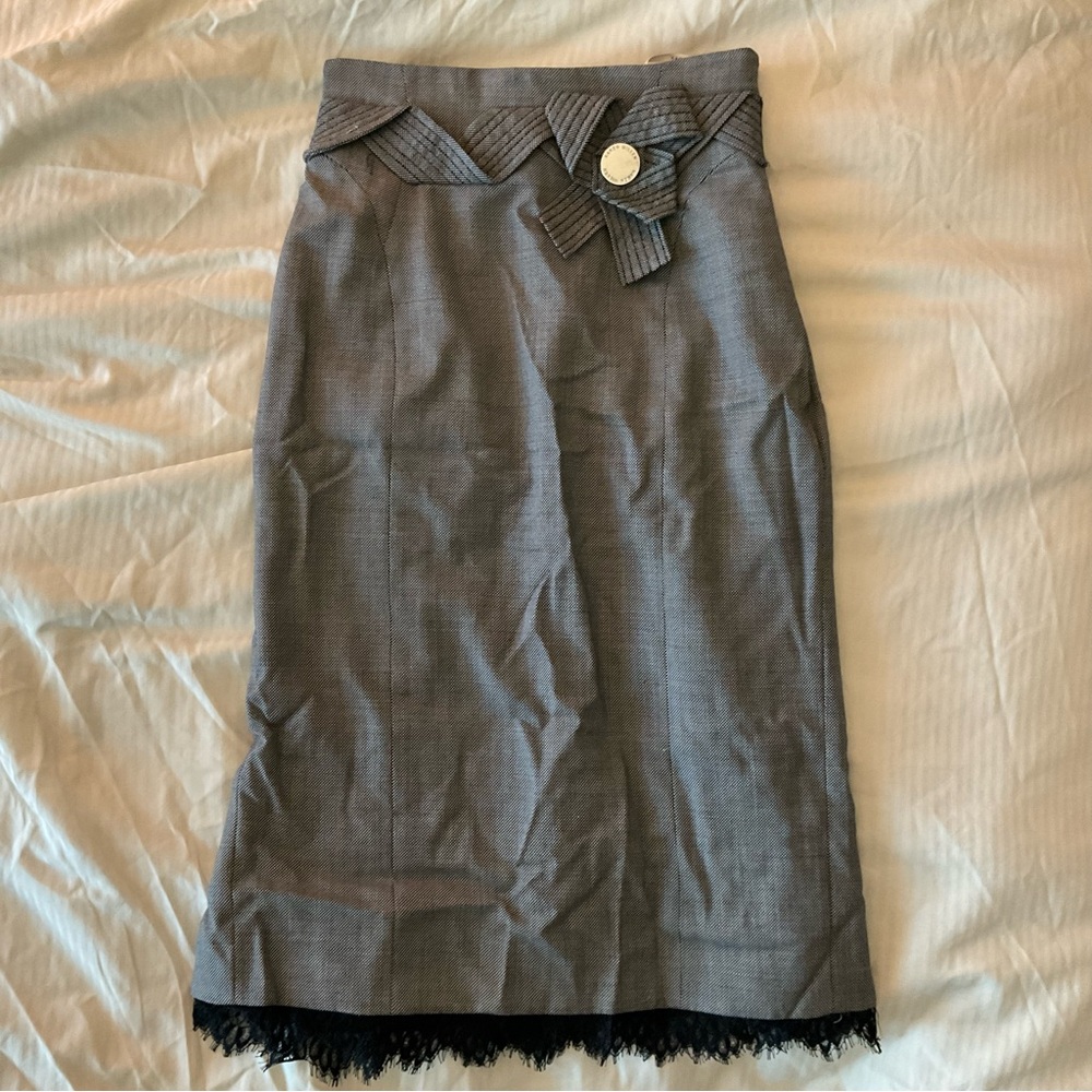 Karen Millen Wool Gray Midi Skirt with Lace Black Trim
